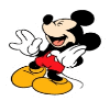 Mickey Mouse in red shorts and yellow shoes appears in multiple poses with white gloves, showing motion from standing to jumping.