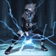 Animated sequence of a character in a fighting stance with blue lightning effects, transitioning from full-body pose to crouched stance.