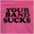 Pixelated static image with bold black text reading 'YOUR BRAND SUCKS' on a pink gradient background.