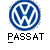 Blue circular logo with white stylized 'VW' letters inside a ring, positioned above black pixelated text reading "PASSAT" on gray background.