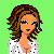Pixelated character with brown curly hair wearing white polka-dot top and black pants, displayed in multiple views on green background.