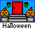 Animated Halloween-themed pixel art sequence showing a striped figure interacting with pumpkins and doorways, transitioning through multiple states including speech bubbles.