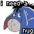 A 50x50 pixel animated buddy icon featuring Eeyore from Winnie the Pooh, with text "i need a hug" in blocky font above and below him across two frames showing slight motion differences.