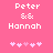 Pixelated text 'Peter & Hannah' on pink background with two of small hearts, one animated to shift left-right