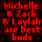 Red pixelated text on dark red patterned background repeats 'Michelle & Zack & Laylah are best buds' in two