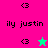 Animated icon with two color schemes alternating between pink and teal backgrounds, each showing '<3', 'ily justin', and a star symbol.