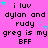 Pixelated text on a bright pink background with scattered cyan and purple stars, repeating 'i luv dylan and rudy greg is my BFF' in multiple