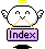 Pixelated cartoon character with white rounded body, black eyes, and yellow mouth lines holds purple 'Index' sign; wings and halo alternate between frames.