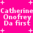 Bright pink background with white pixelated text reading "Catherine Onofrey Da first" repeated twice, surrounded by small plus signs.