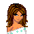 Pixel art contact sheet showing a female character's head, torso, and feet with pink text overlays describing her appearance.