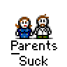 Animated contact sheet of 15 pixel-art frames showing two cartoon parents with brown hair and blue shirts, each frame displaying different speech bubbles and minor pose changes against a gray background.