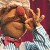 Pixelated image of a character with brown hair wearing a red bow tie and blue checkered shirt against a maroon background.