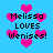 Pixelated blue background with pink hearts and black text reading "Melissa LOVES Wenises!" repeated in four quadrants.