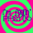 Four identical display a purple text logo over green and pink concentric spirals on a bright background