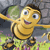 Pixelated cartoon character with yellow body, large eyes, and open mouth, standing on grassy terrain with green foliage and gray stone background.