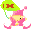 Pixelated character in pink outfit holding green balloon with 'HOME' text, two versions differ in balloon text color and star count.
