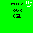 Green background with black text 'peace', 'love', and 'CGL' repeated twice, a white pixelated heart symbol between the two text blocks.