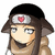 Pixelated anime-style character with brown hair, black headband featuring red heart symbol, and beige scarf; two versions show different facial expressions.