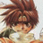 Anime character with brown spiky hair and closed eyes on left, black background with white text on right.