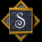 Four identical square icons with golden borders and diamond-shaped extensions, each displaying a white stylized 'S' on a dark textured background.