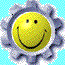 Six identical yellow smiley face icons arranged in a 3x2 grid on a light blue background, each encased in a gray gear-like border with white highlights.