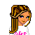 Pixel art of a girl with brown hair, pink text on her shirt, and a teddy bear in white pajamas with pink flowers.