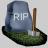 Pixelated icon of a gray tombstone with 'RIP' text, a wooden stake, and green grass base on light background.