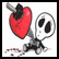 Pixelated red heart with black top and gray stem, attached to a white skull-like face with black eye sockets on a plain background.