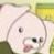 A pixelated close-up of a white, round-faced character with large dark eyes, a small pink nose, and a slightly open mouth showing a pink tongue, set against a blurred background of green and yellow tones.