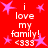 Red background with pink stars and repeated white text reading "i love my family! <333" in pixelated font.