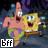Pixelated static image shows two cartoon characters with one character's hand raised, set against a dark background with a white square containing black text 'bff' in the bottom-left corner.