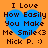 Blue heart-shaped graphic with pixelated text reading "I Love How Easily You Make Me Smile<3 Nick P. :)" on orange background, displayed in four identical