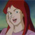 Pixelated image of a character with long red hair, light skin, and green eyes, wearing a light purple top against a gradient background.