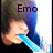A person with dark hair and blue highlights holds a light blue object near their mouth, with text above the head changing across frames.
