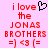 Pixelated red text on pink background reads "i love the JONAS BROTHERS =) <3 [=", with a black heart symbol replacing the 'o' in 'love' on the left side.