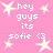 Pink background with white pixelated text and star shapes arranged in a pattern