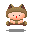 Pixel art character with brown hair and horns sitting on a bench, shown in four animation frames with subtle pose changes.