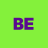 Green background with purple 'BE' text in pixelated font, each letter having a gray outline.