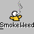 A 4-frame animated contact sheet showing a yellow stick figure smoking with smoke trails, paired with repeated "SmokeWeed" text below each frame on a gray background.