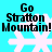 Four identical pixelated icons display 'Go Stratton Mountain!' text over a snowflake on cyan background.