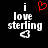A black background displays white text reading "i love sterling" with a red heart symbol above "i" on the left side, and the same text without the heart on the right side.