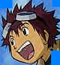 Animated character with spiky brown hair and silver headband showing open-mouthed expression transitioning to closed mouth.