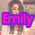 Pixelated image of a person with long brown hair wearing sunglasses and a white top, overlaid by large text reading "Emily Rocks" in pink and green.