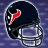 Black football helmet with red lightning bolt logo and silver face mask on blue patterned background.