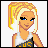 Pixelated cartoon character with blonde hair in a high ponytail, blue eyes, and a gray-and-white sleeveless top with yellow text, next to pink text reading 'meredith loves jacob' and 'Made from Dollisland.com' below.