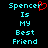 Two side-by-side pixelated text displays on black background, each reading "Spencer Is My Best Friend" with cyan letters and red heart symbol replacing 'R' in Spencer.