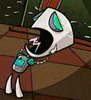 Animated cartoon character with white helmet, teal accents, and black mouth opening showing lightning bolt symbol on brown tiled floor.