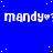Blue background with white pixelated text repeating 'mandy' and small white dots scattered across the image.