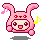 Pixel art bunny avatar with pink body, red eyes, and musical notes in four variations showing different facial expressions and note colors.
