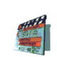 identical clapperboard icons with orange and black striped top, light blue body, and green text elements on a gray background